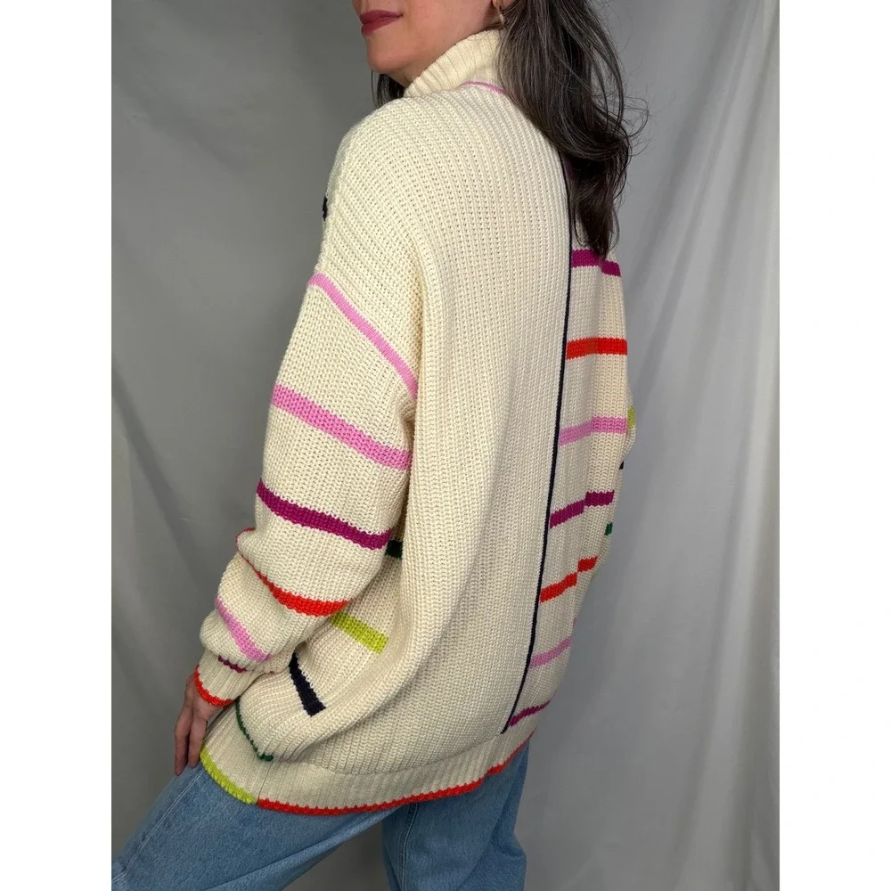 STAUD Hampton Sweater Cream Multi Color Stripe Quarter Zip Knit Oversized Long S - Picture 3 of 11